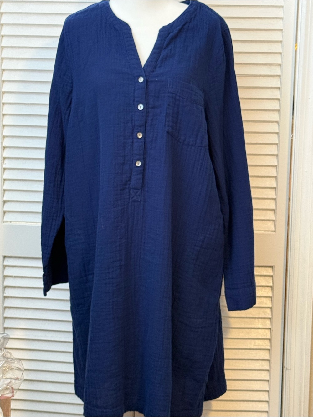 Pure Jill Navy Organic Cotton Gauzy Minimalist midi dress roll tab sleeves Large - Picture 7 of 9